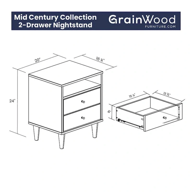 2-Drawer Nightstand with Open Shelf – Brushed Walnut / Brushed White, Solid Wood, Cone Legs, Single