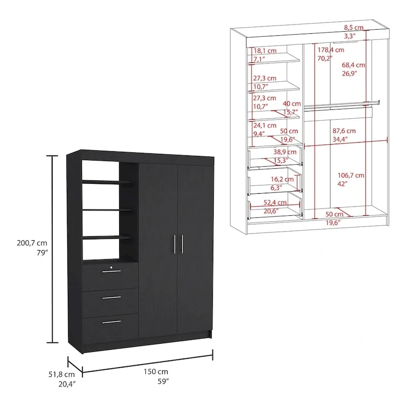 Kenya 3-Drawer Armoire with 3 Upper Shelves, 2 Hangers, Metal Handles, White - N/A