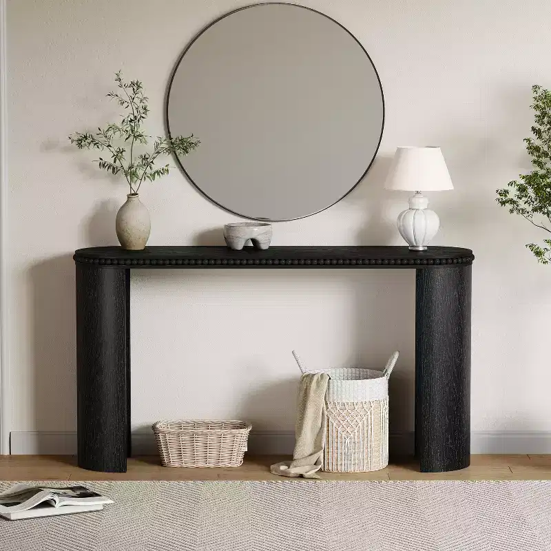 Vintage Console Table with Beaded Trim & Reversible Curved Legs – Black / Brown