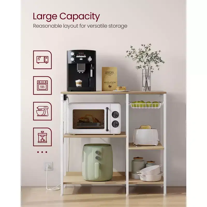 Baker's Rack Coffee Bar Stand with Charging Station, Pull-Out Wire Basket & Adjustable Shelves, 400 lbs