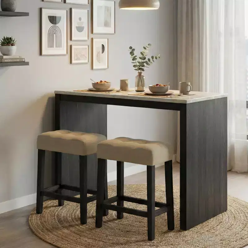 GDFStudio Hudson Transitional Travertine Top Wood 3-Piece Dining Set with Biscuit-Tufted Upholstered Stools