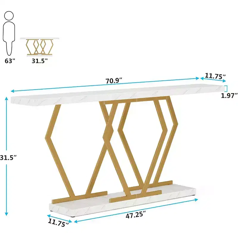 Lantine 70.9 Inch Extra Long Sofa Table, White and Gold Console Table with Faux Marble Tabletop, Modern Long Entryway Table with Gold Frame