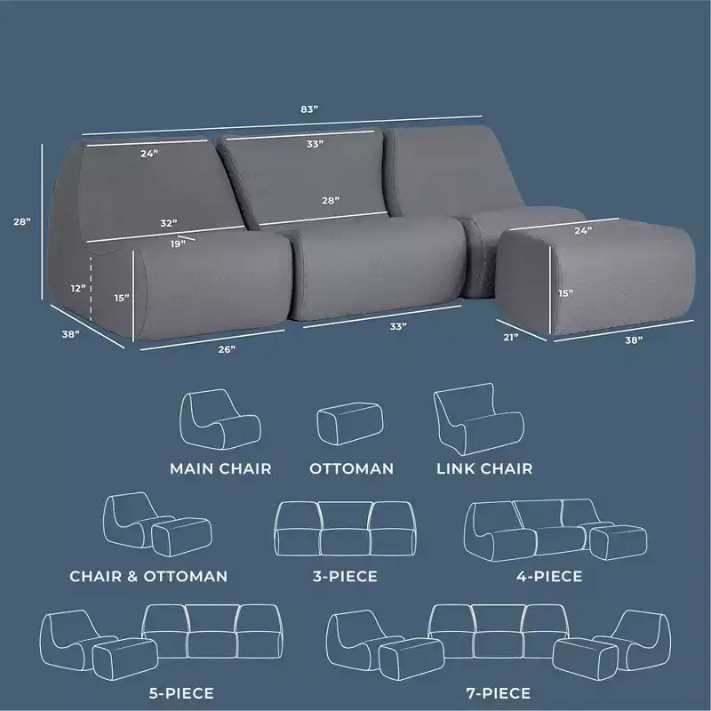 Big Joe Solvana Outdoor Patio Furniture Set, Weather-Resistant Cool Touch Silicone Stitched Leather Sofa, 4 Piece Sectional, Moonlit Gray