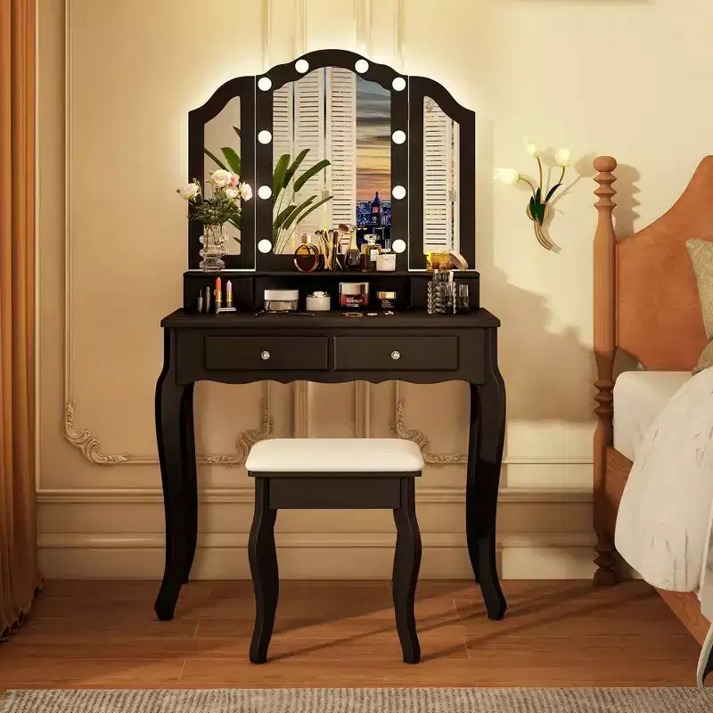 Costway Makeup Vanity Set with Tri-Fold Mirror & LED Lights 4 Drawers Open Shelf White/Black
