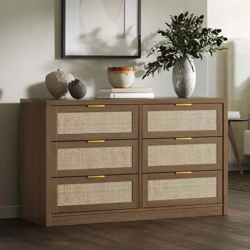 Wooden Chest with Gold Handles, Modern Storage Organizer with Smooth-Glide Drawers, Farmhouse TV Stand for Living Room, Bedroom, Entryway,