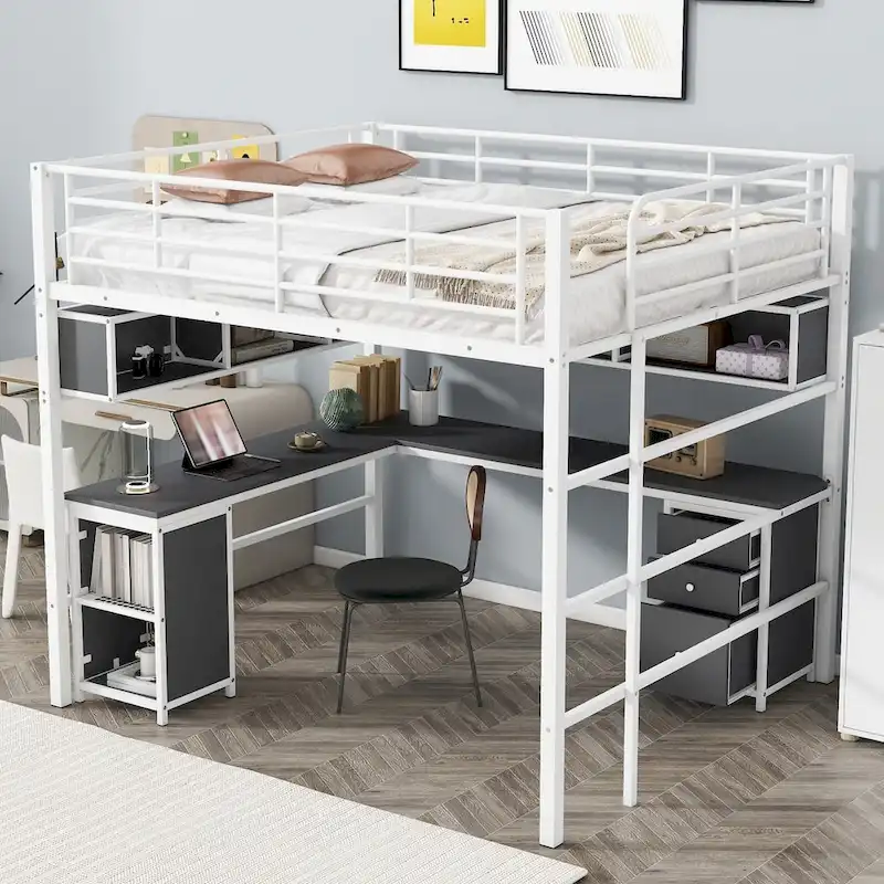 Metal Loft Bed with Bookcase, Desk and Cabinet