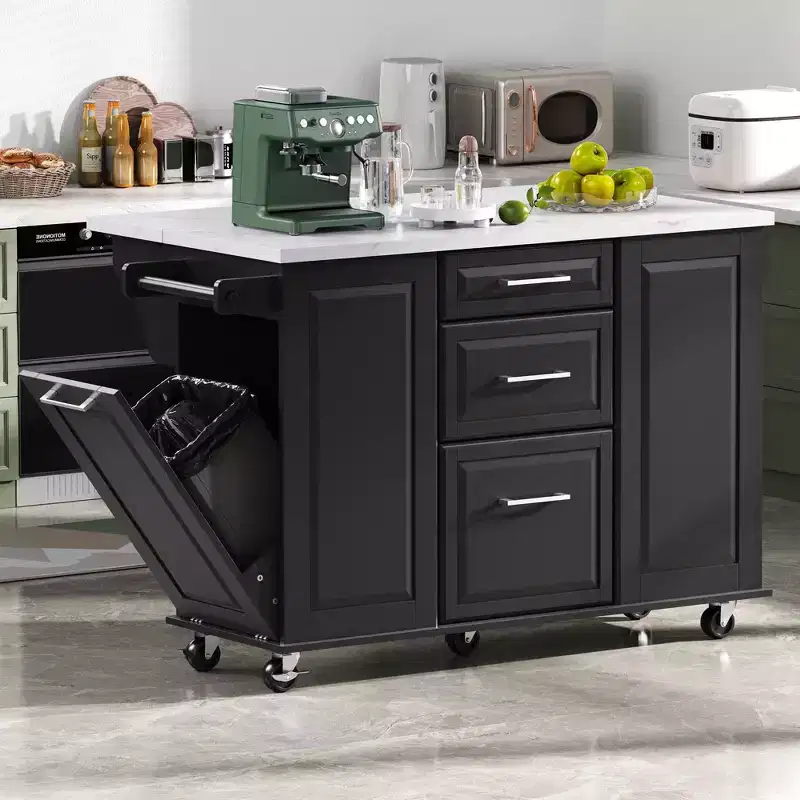 Modrn Kitchen Island with Drop Leaf & Pull Out Trash,Rolling Kitchen Cart with Wheels & Drawers,Storage Cabinet Folding Dining Table