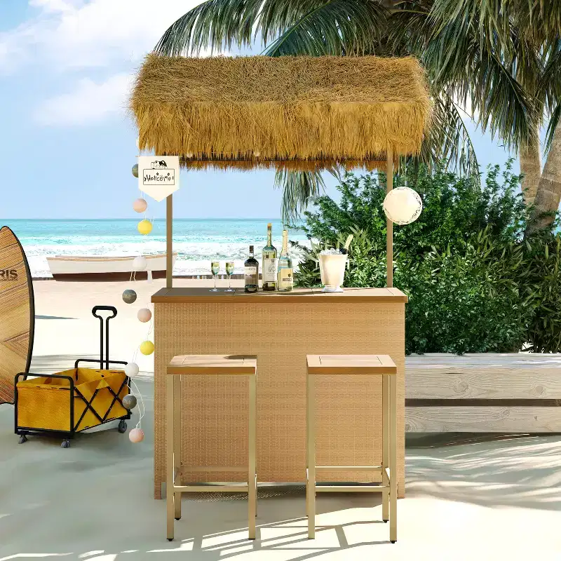 3pcs Patio Bar Set, Outdoor Bar Height Table and Stools with Canopy, Adjustable Feet, Wood Tabletop for Dining and Drinking, Natural -ModernLuxe