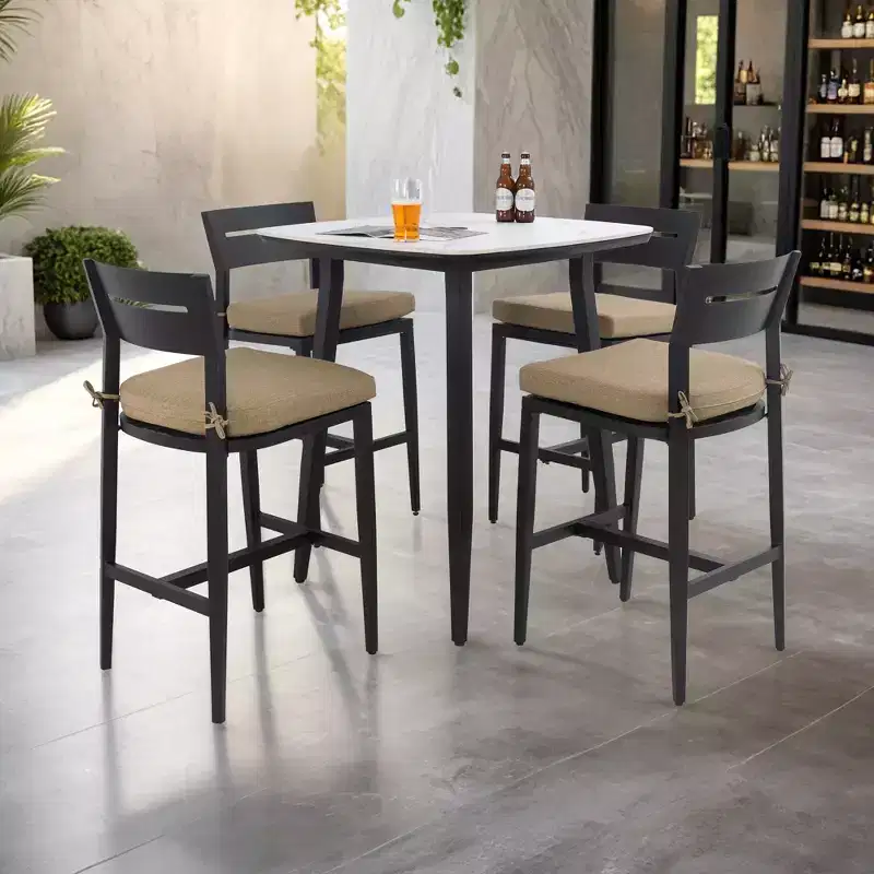 5PC Outdoor Patio Bar Set, Rounded Square 35.4'' Sintered Stone Table & 4 Aluminum Bar Stools, Marble-Inspired Top, Sunbrella Cushion
