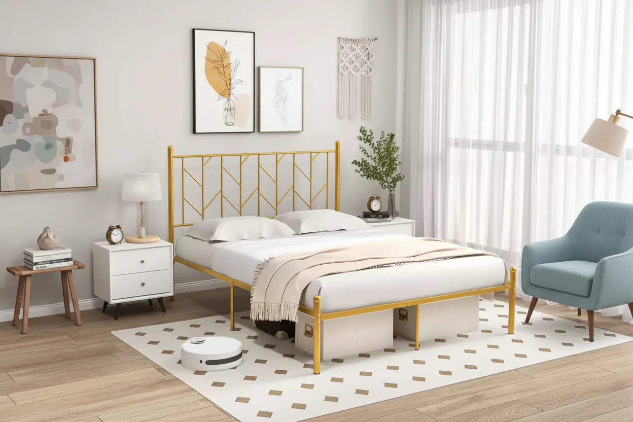 Metal Platform Bed Frame - Gold, Branch Headboard, Twin/Full/Queen
