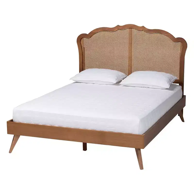 Queen Wood and Rattan Platform Bed Walnut Brown Mid-Century