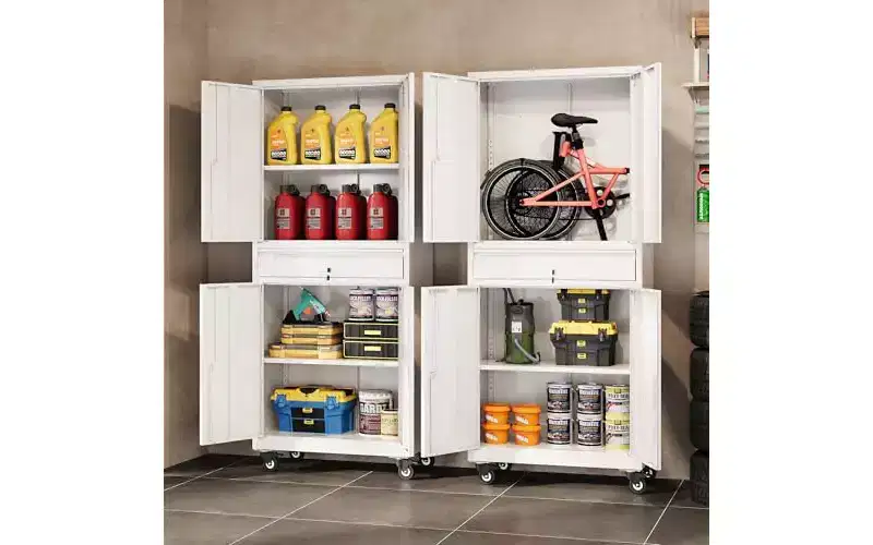 Metal Garage Storage Cabinet with Locking Doors and Flexible Shelves, Rolling Tool Cabinet with Drawer for Garage, Warehouse, Home, White