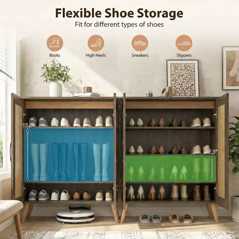 Costway Rattan Shoe Cabinet with 3 Removable Shelves,5-Tier Narrow Cabinet Wood Legs, Walnut/Natural