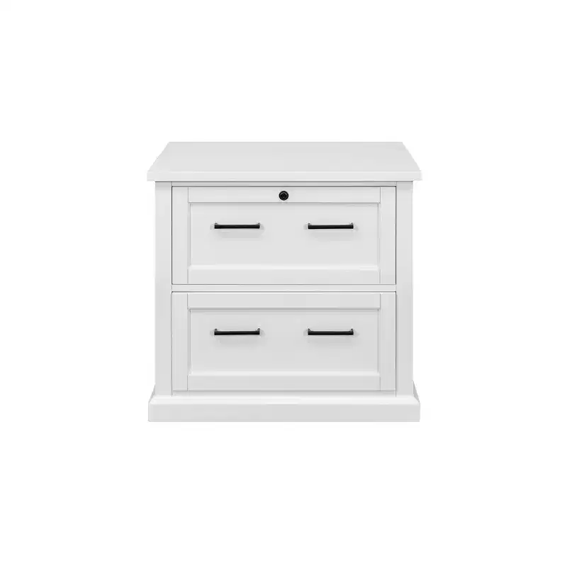 Modern Wood Lateral File Cabinet - White, Shaker Doors, Bead Board Panels, Built-in Power Centers