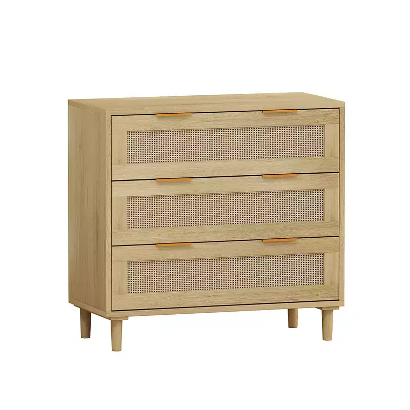 3-Drawer Chest of Drawers, Kitchen Storage Cabinet with 3 Deep Rattan Drawers, Buffet Cabinet with Iron Handle
