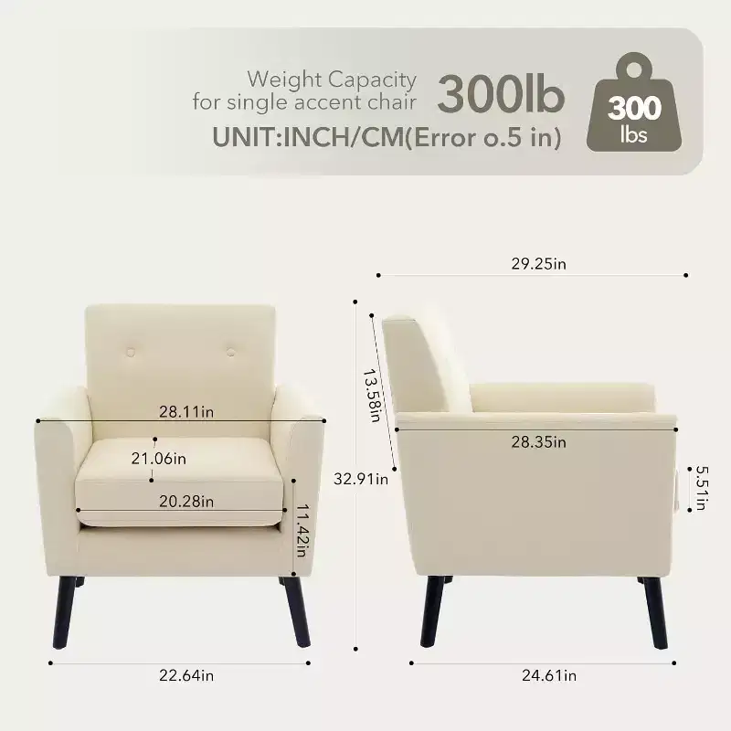 Modern Accent Chair with Linen Fabric, Upholstered Single Sofa Chair with Wood Legs & Thick Cushion, White Comfy Reading Armchair