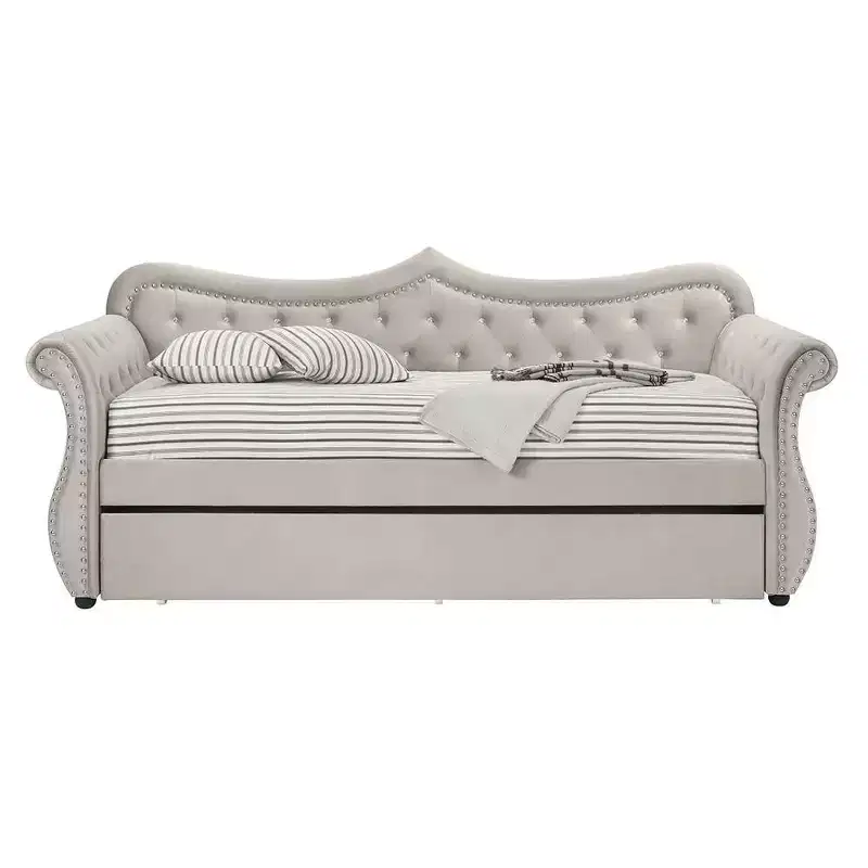 Twin/Full Upholstered Bed Frame, Beige Velvet, Platform Base for Kids or Adults