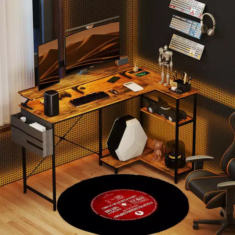 L Shaped Computer Desk with Charging Station and RGB Lights Reversible Home Office Desk