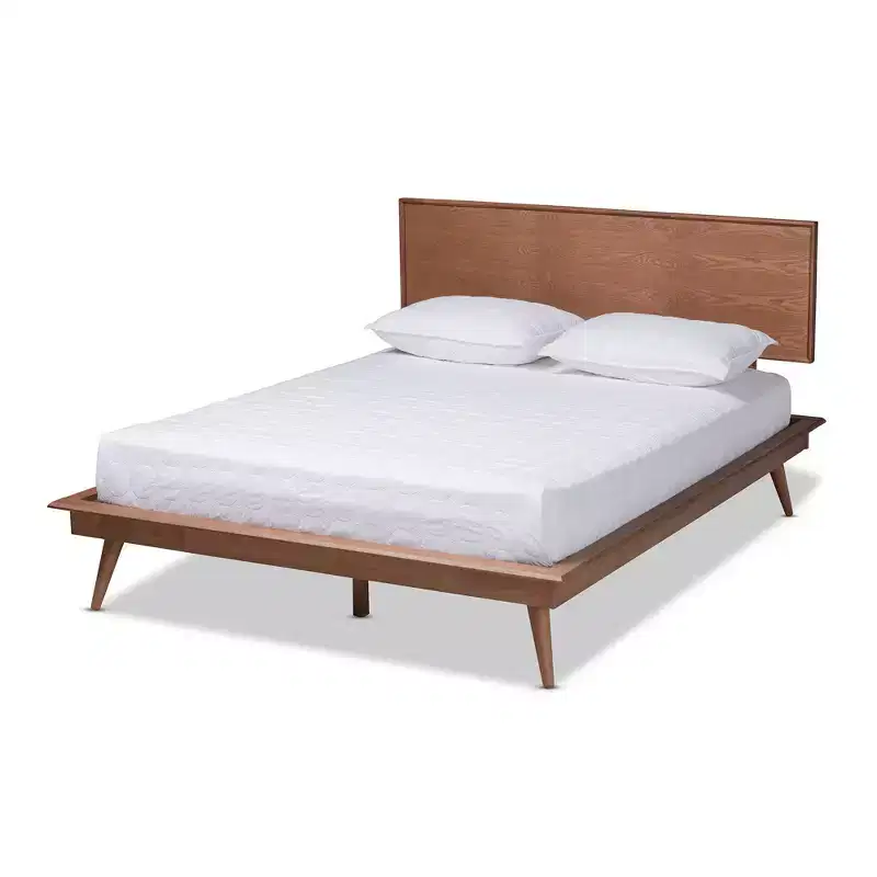 Brown Walnut King Platform Bed – Mid-Century Modern, 1-Person, No Box Spring Needed