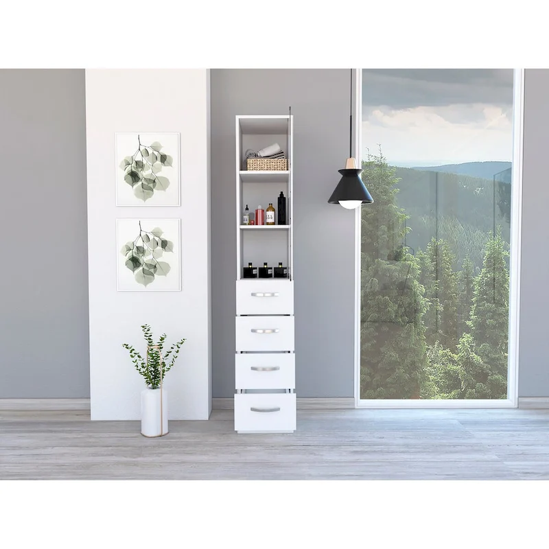 Vanguard Linen Cabinet, Three Shelves, Four Drawers -White