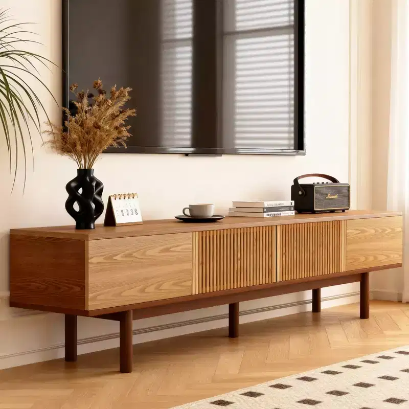 Gaoyangjiaju 86.6 Solid Wood TV Stand for TVs up to 90 - Fully Assembled Mid-Century Modern Media Console with Slatted Doors