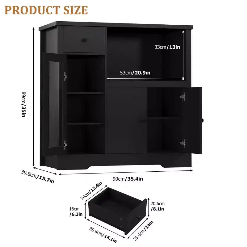 Kitchen Microwave Cabinet with Storage, Buffet Sideboard with 3 Doors, 1 Drawer and Adjustable Shelves