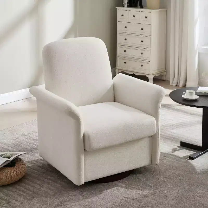 Modern 360° Swivel Barrel Accent Chair with Linen Upholstery & Wood Base