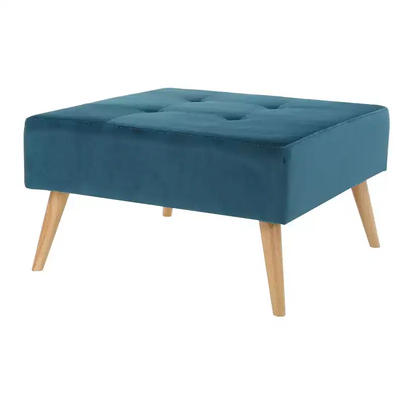Dark Teal Velvet Square Ottoman – Tufted, Birch Legs, Seats 1