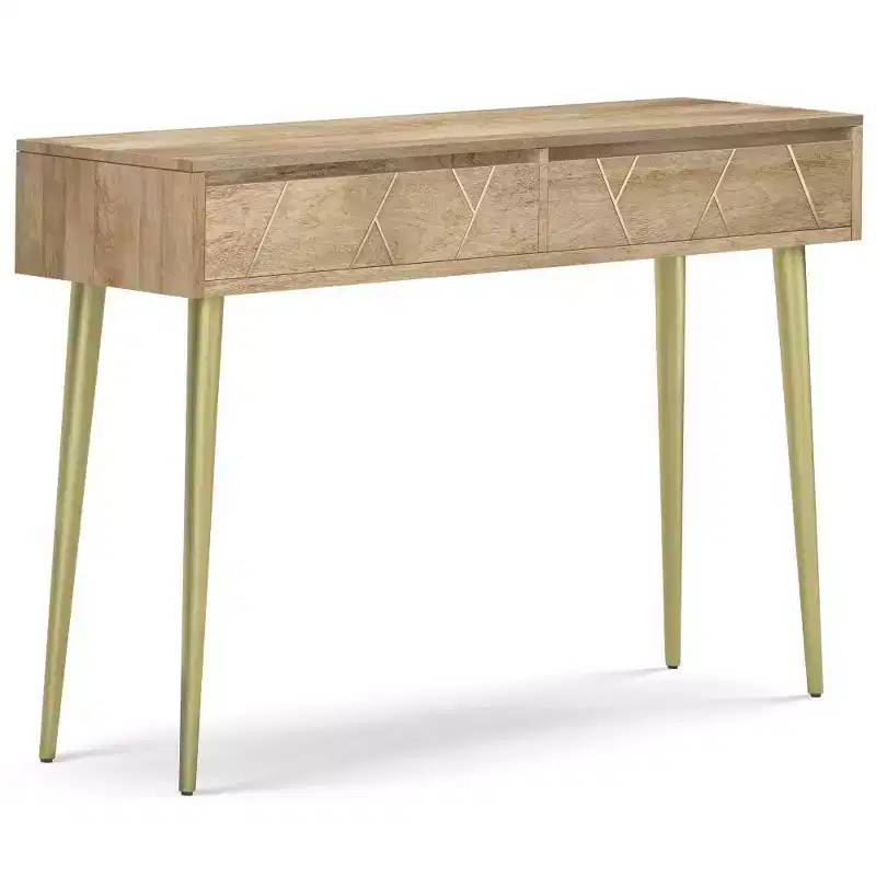 Bissell Console Table Natural - Wyndenhall: Mid-Century Modern, Geometric Brass Inlay, Storage