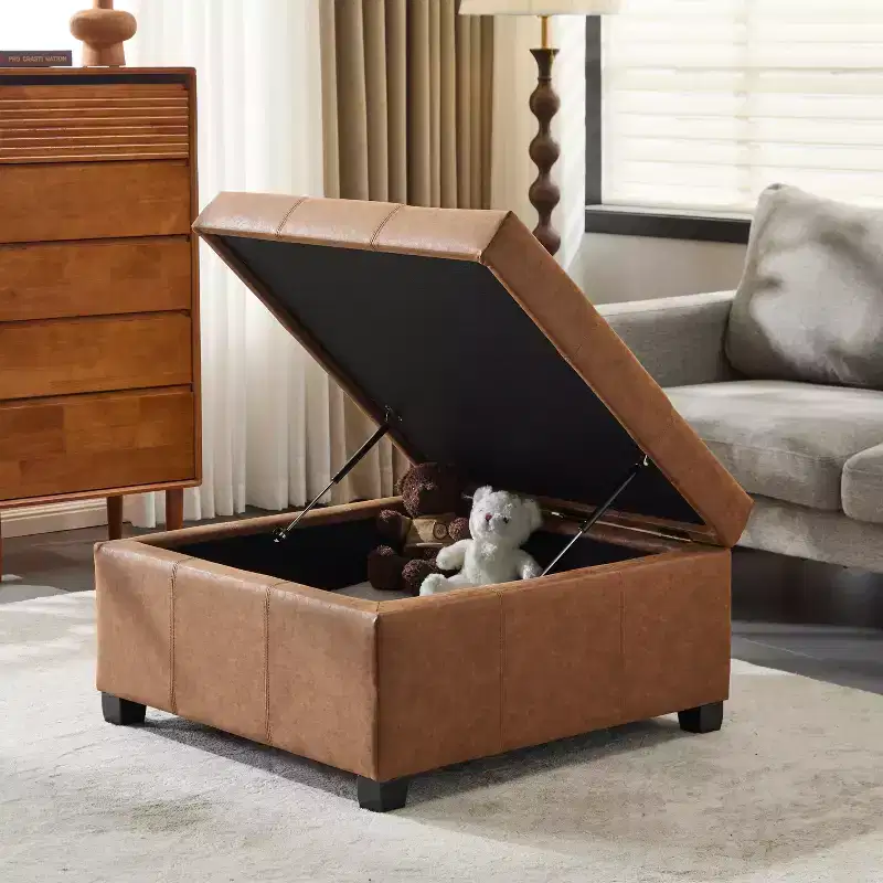 35-Inch Square Faux Leather Storage Ottoman with Lift-Top, Hidden Storage, for Living Room or Bedroom
