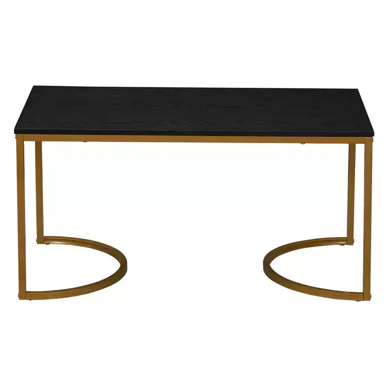 Half Moon Rectangular Coffee Table Black Oak Wood Grain and Gold Metal