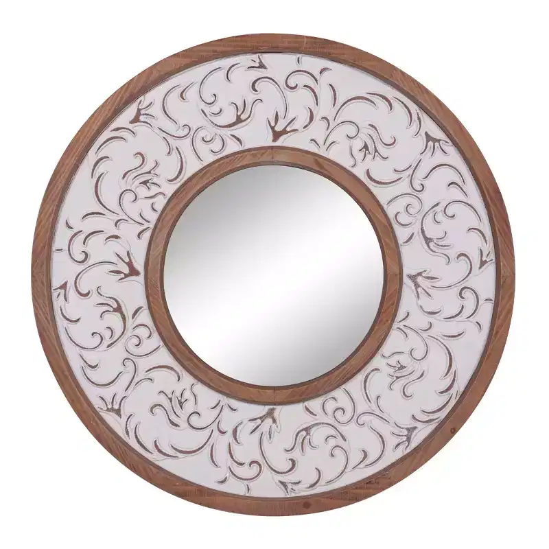 Wood Floral Wall Mirror with Embossed Metal White: Farmhouse Style, No Assembly, MDF Frame, 31.5