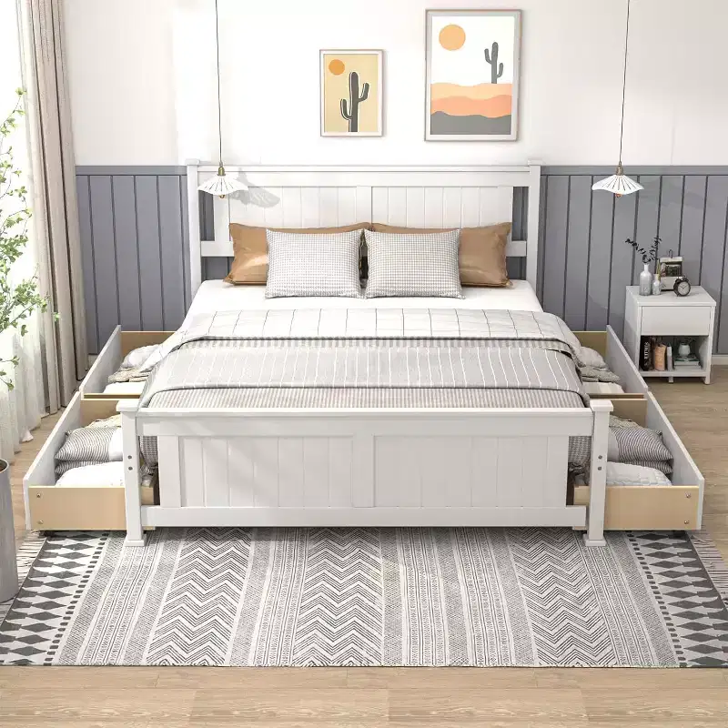 Full Size Wood Platform Bed Frame with 4 Storage Drawers & Headboard