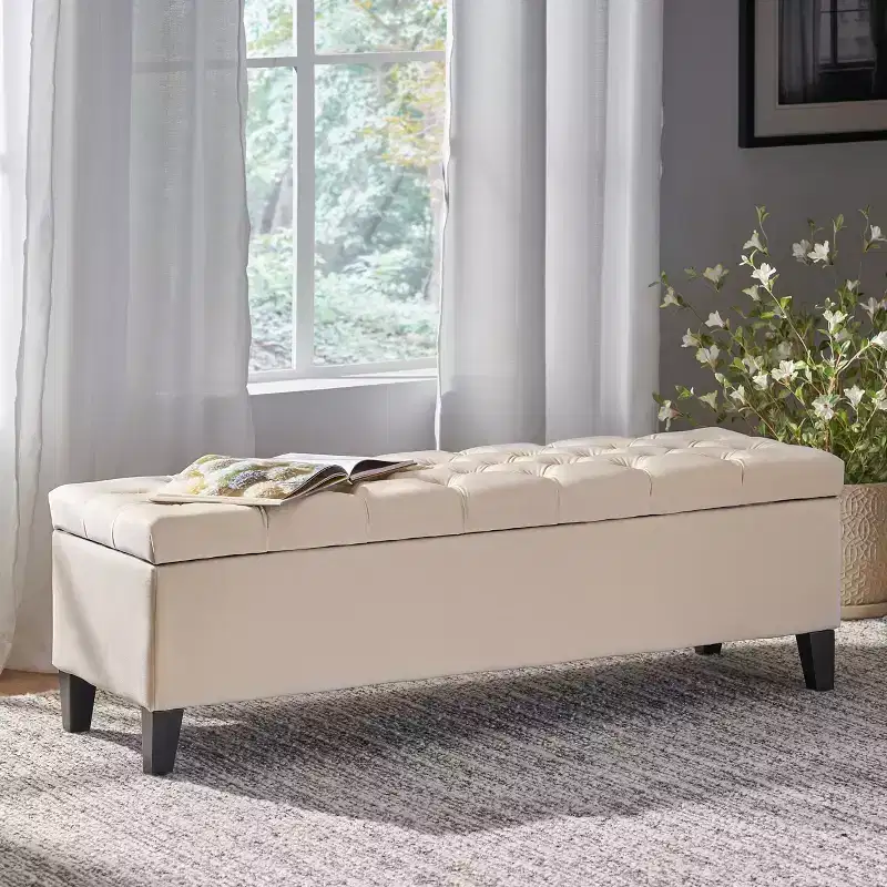 EHMKNP Square Ottoman Contemporary Button-Tufted Diamond-Stitched Storage Ottoman,Beige Fabric, 51.57