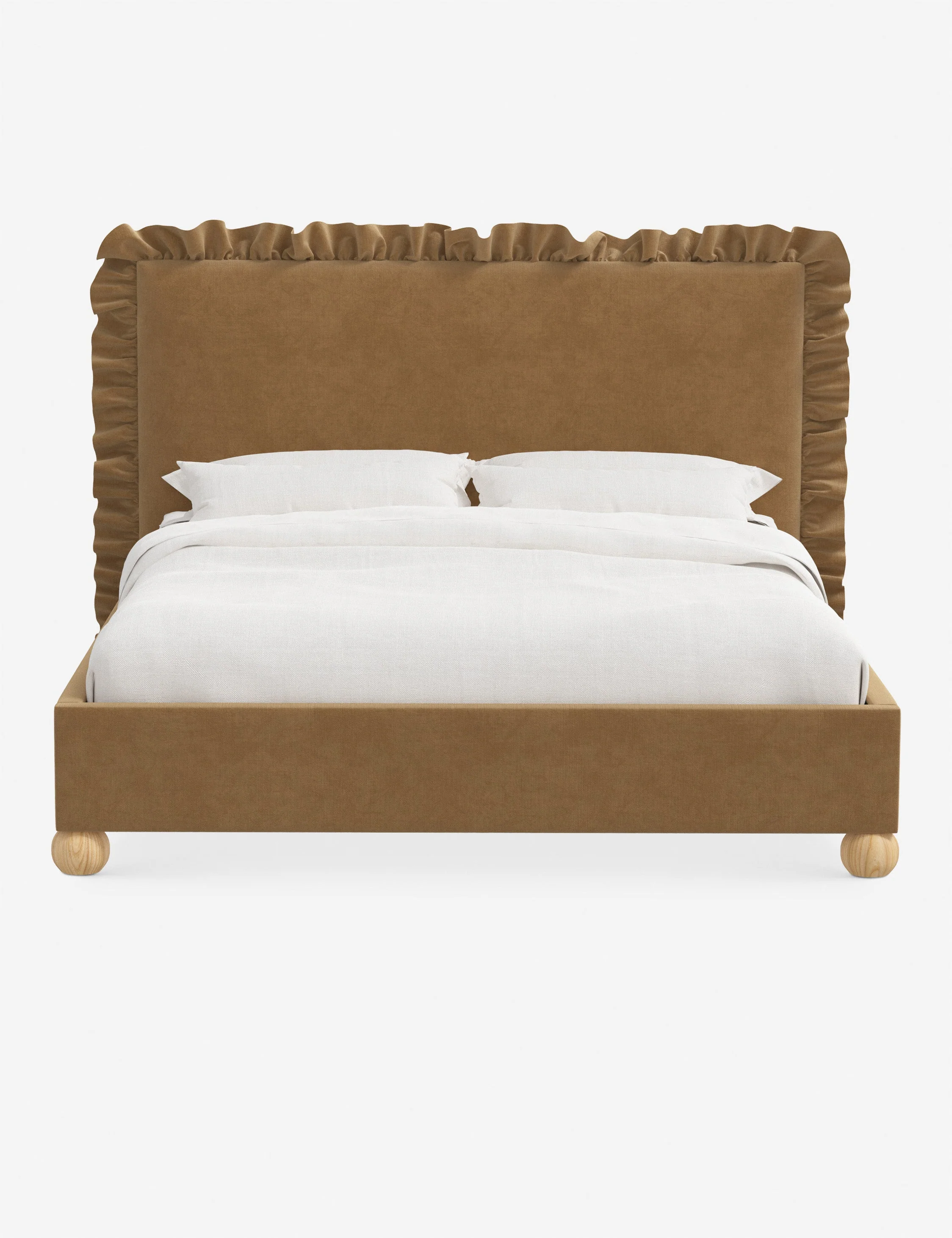 Bed We love a bed that exudes soft elegance. The bed brings a classic touch of texture to the room with its ruffled headboard and wooden
