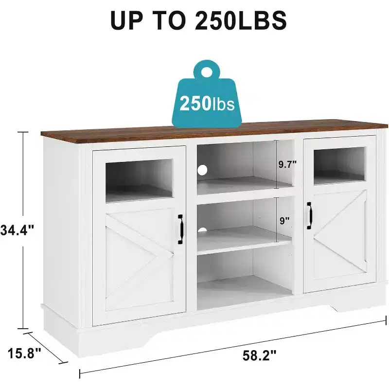 Farmhouse TV Stand with LED Lights, Entertainment Center for 65 Inch TVs, Storage Cabinets & Open Shelves