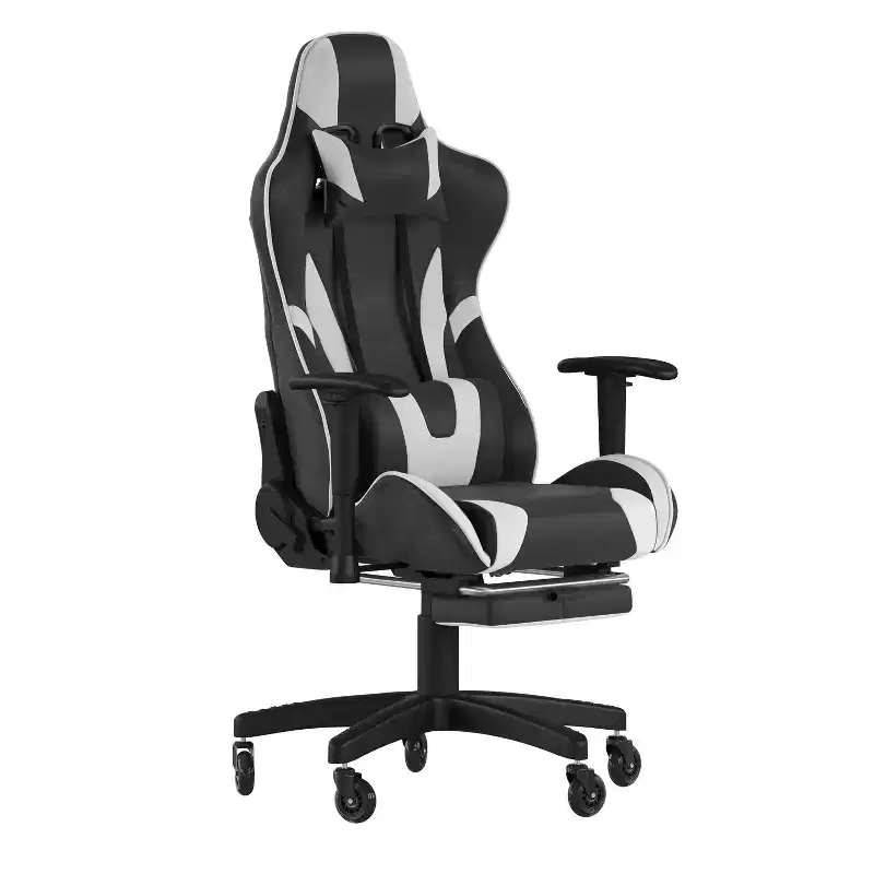 Racing Style Gaming Chair with Reclining Back, Slide-Out Footrest & Transparent Roller Wheels