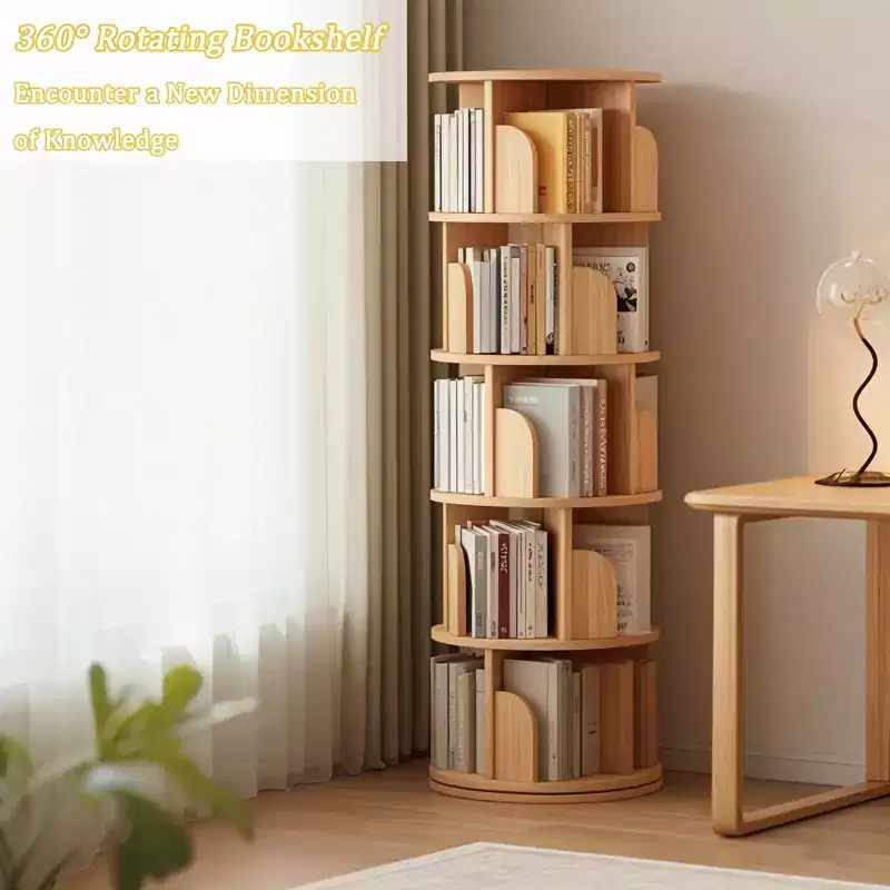 5 Tier Rotating Bookshelf, 360 Display Round Spinning Bookshelf, Double-Layer Base Design Space-Saving Rotating Bookshelf Tower