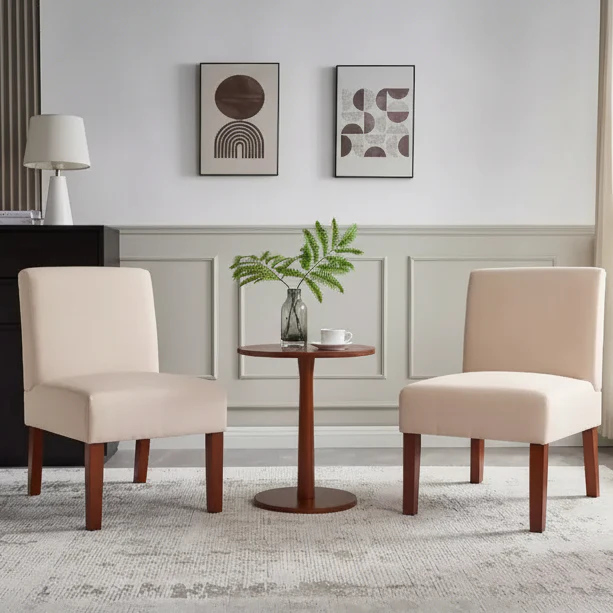 Beige Linen Armless Accent Chair Set of 2 with Round Side Table
