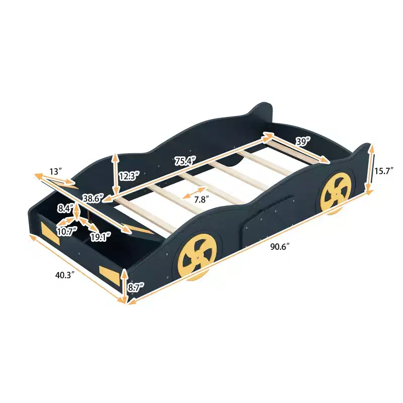 Bellemave Full Size Race Car-Shaped Platform Bed,Wood Platform Bed Frame with Wheels and Storage,for Girls Boys Teenagers, Dark Blue