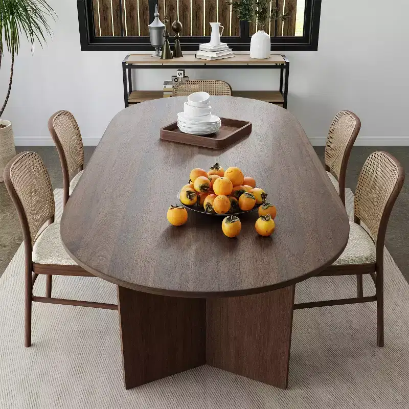 PexFix 67 x 33.5 Solid Wood Farmhouse Dining Table with V-Shaped Legs and Oval Wood Top for Modern Dining Rooms & Family Gatherings Walnut