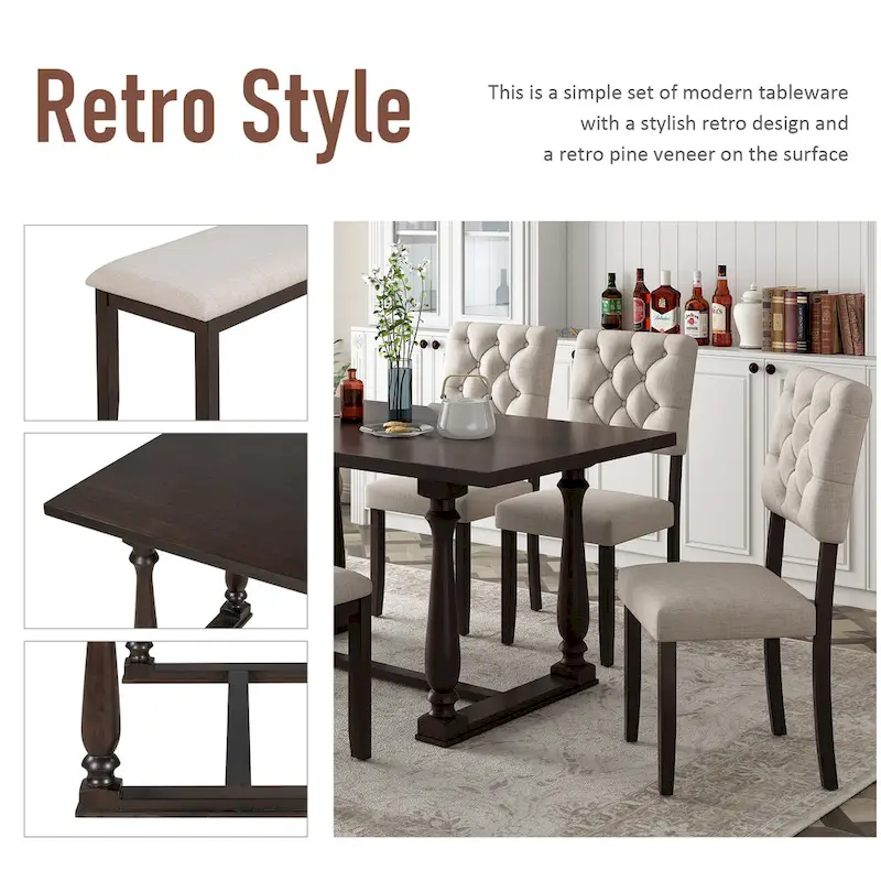 Nestfair 6-Piece Dining Table Set with 4 Chairs and 1 Bench