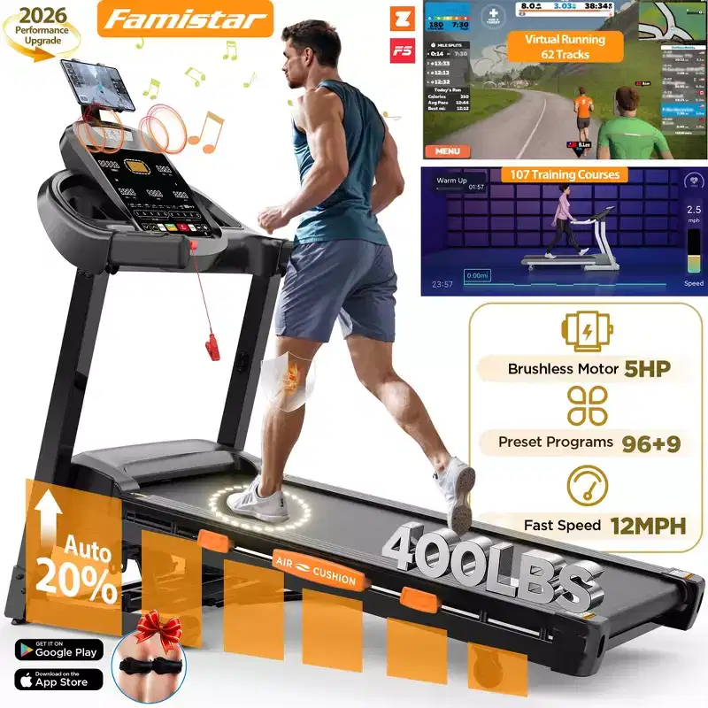 5.1HP Foldable Treadmill w/ 20% Auto Incline,400lbs Capacity,12MPH Portable Treadmill for Home,105 Programs,Personalized Workout w/APP,Running Walking