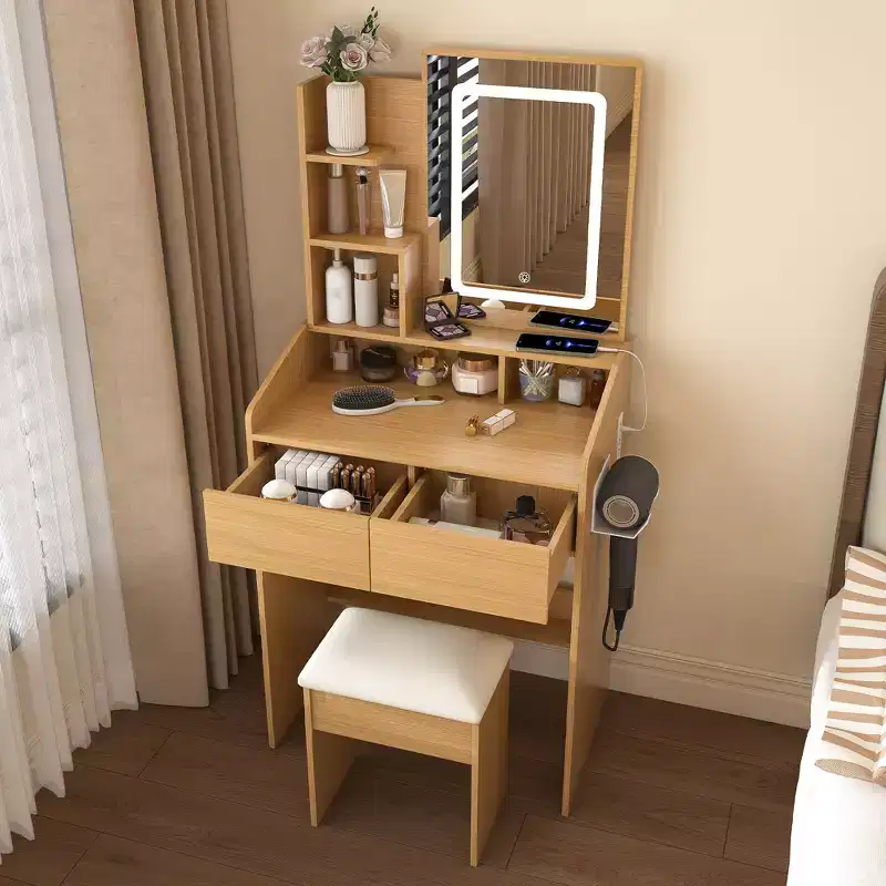 Makeup Vanity Desk with Power Outlet, Hairdryer Holder & Stool, 2 Drawers & 5 Shelves