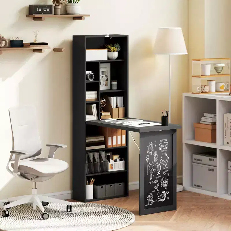 HOMCOM Fold-out Convertible Writing Table, Wall Mount Desk Cabinet with Blackboard and Side Shelf Multi-Function Home Office Workstation