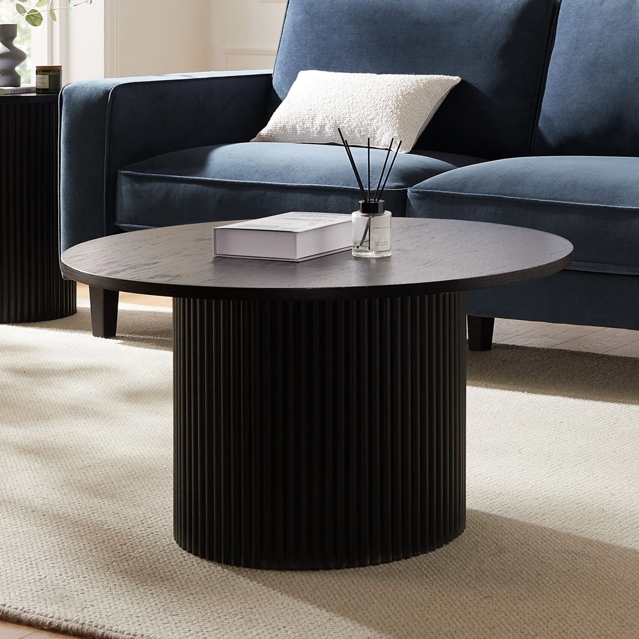 Contemporary Black Wood Effect Pedestal Coffee Table with Slim Cylindrical Base for Living Room