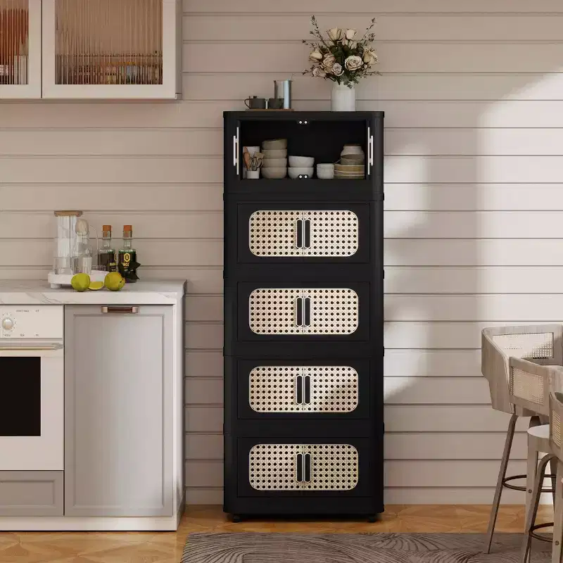 MAYEERTY 20 Side 5 Tiers Plastic Folding Storage Cabinet with Magnetic Door Wheels for Living Room Retro Black
