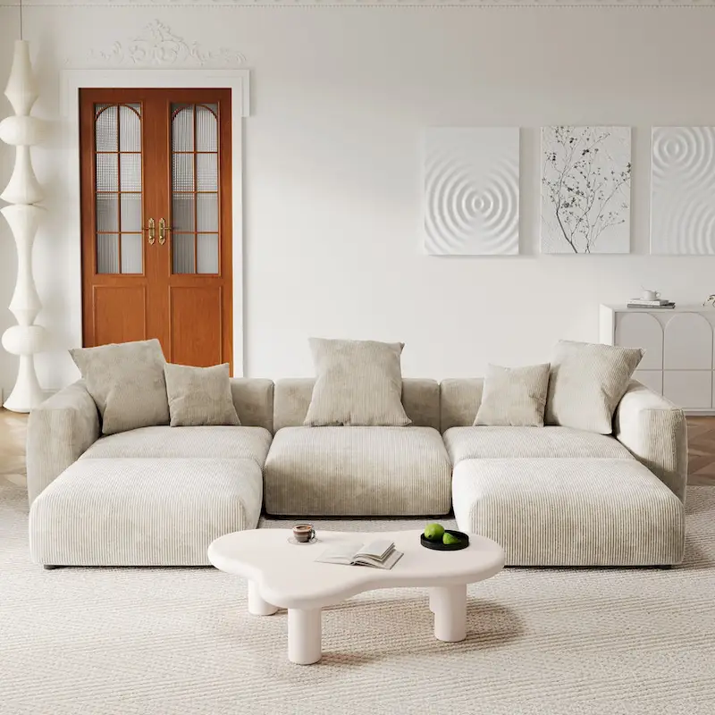 141.73 U-shape Corduroy Modular Sofa, Large Size Comfy Sectional Couch Sofa with 5 Pillows