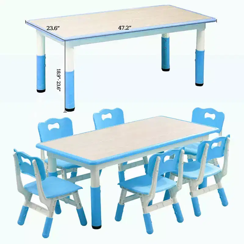 TROPOW Kids Table and Chair Set, Height Adjustable Toddler Arts & Crafts Table and 6 Chair Set for Ages 2-10,Max 300lbs Kids Activity Art Table,Blue