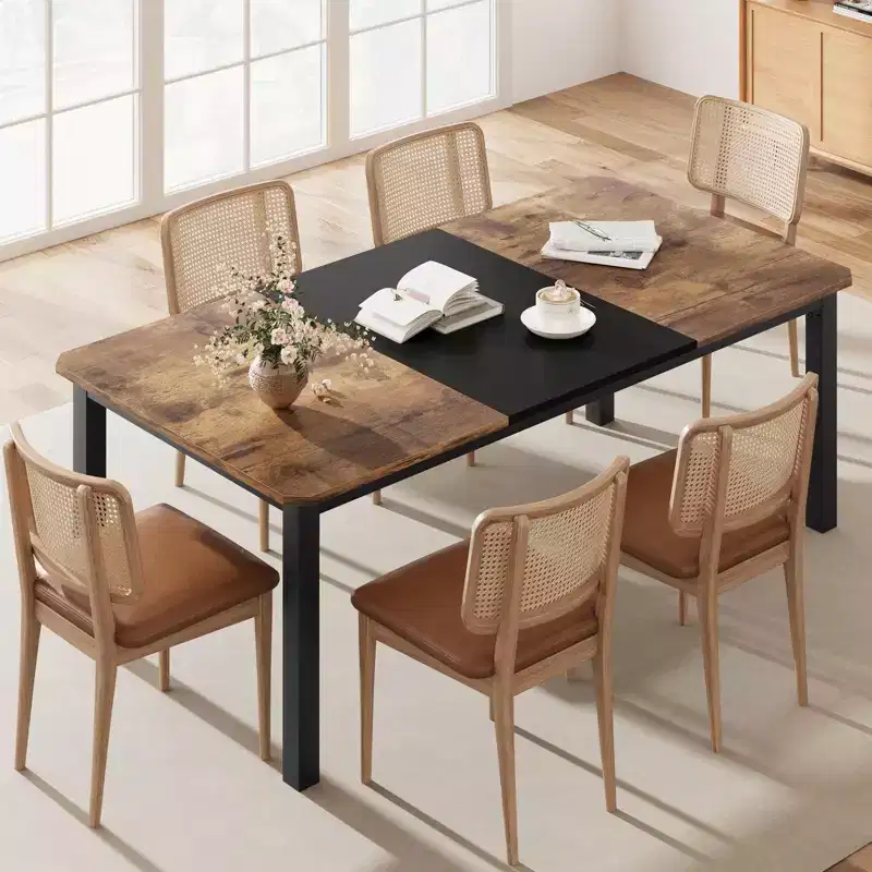Industrial Dining Table for 6-8 People, 78.7 Inch Long Wooden Kitchen Table with Sturdy Metal Frame & Rustic Brown Finish-Seats 6 Rectangular Counter
